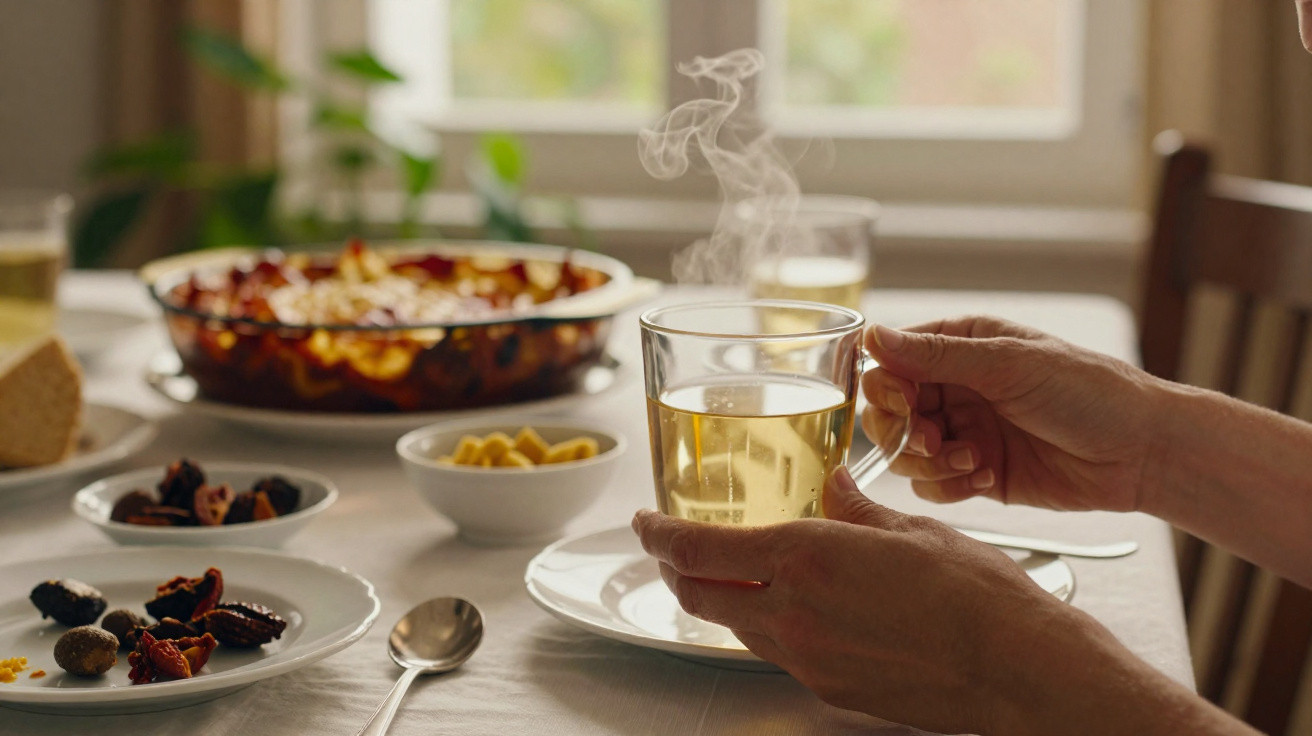 Pessoa a segurar uma chávena de chá quente numa mesa com comida e luz natural.