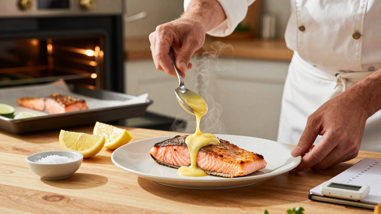 Chef a servir molho quente sobre salmão grelhado numa cozinha moderna com forno aberto.
