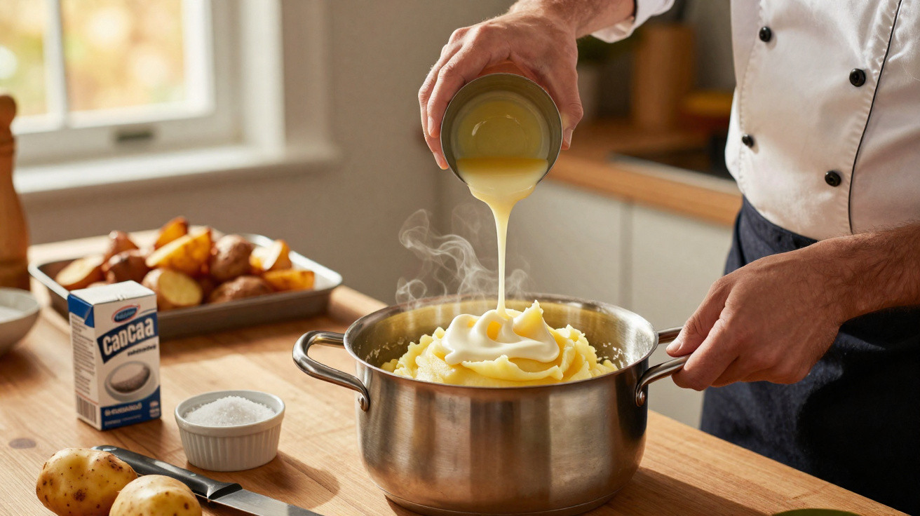 Mãos a preparar puré de batata com manteiga quente numa panela, em cozinha luminosa e acolhedora.