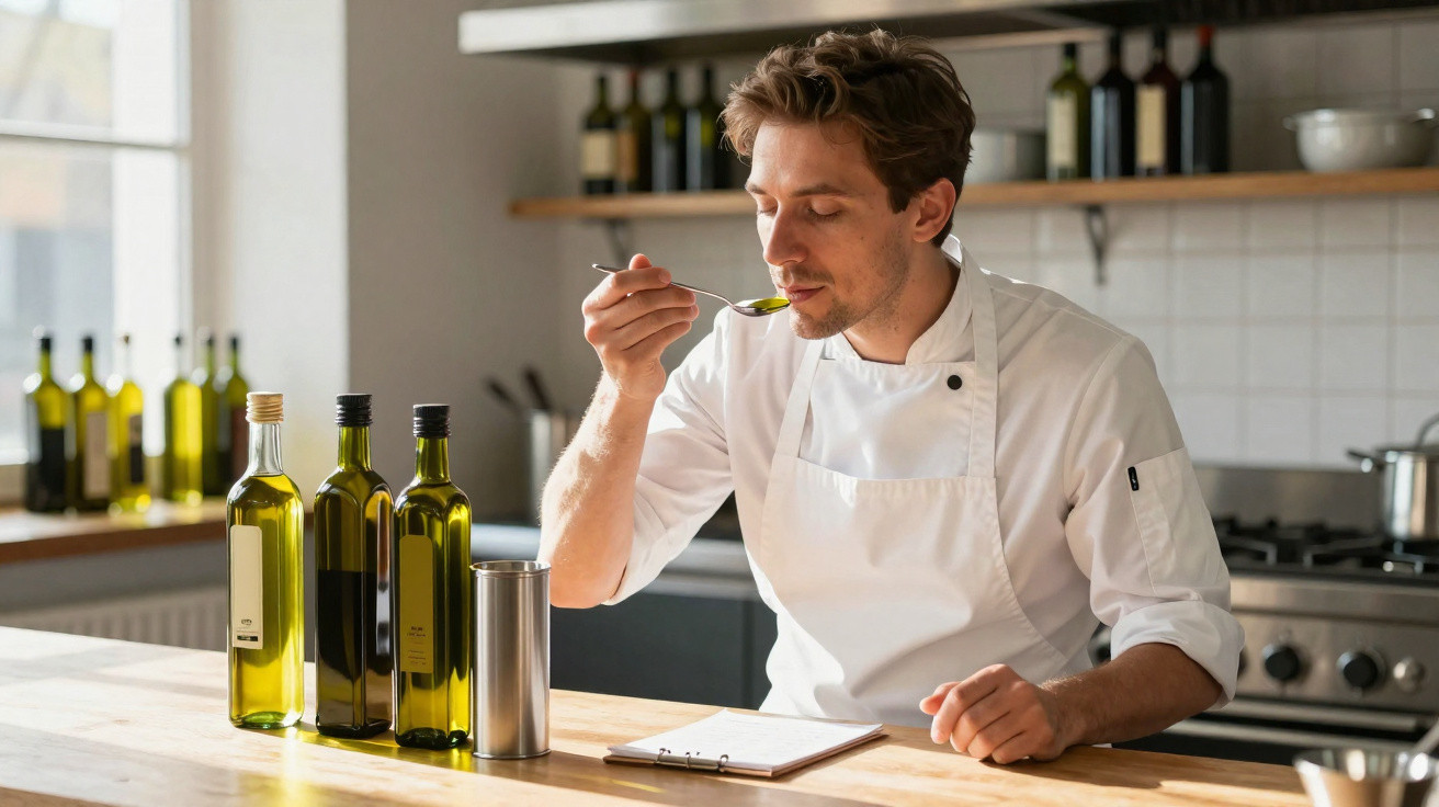 Chef a provar azeite numa cozinha moderna com várias garrafas de azeite à sua frente.
