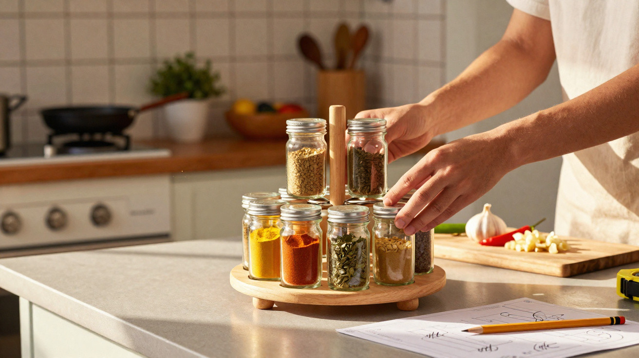 Pessoa a organizar frascos de especiarias num suporte giratório de madeira numa cozinha moderna.