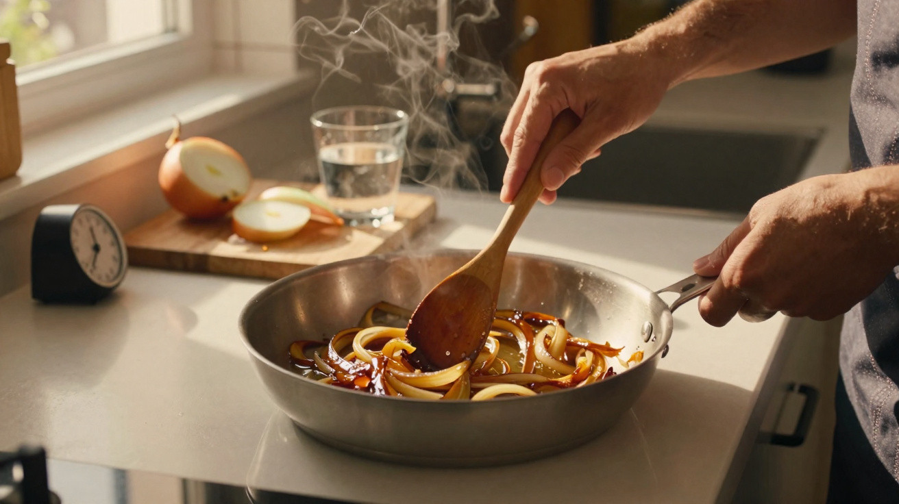 Pessoa a cozinhar cebolas caramelizadas numa frigideira numa cozinha bem iluminada.