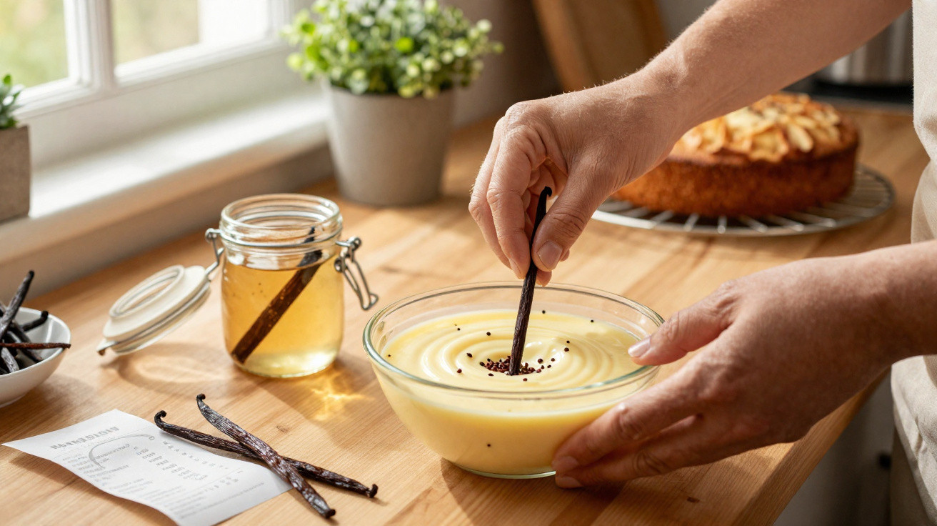 Pessoa a polvilhar sementes pretas sobre uma taça com creme amarelo, numa cozinha com jarra de mel e vagem de baunilha.
