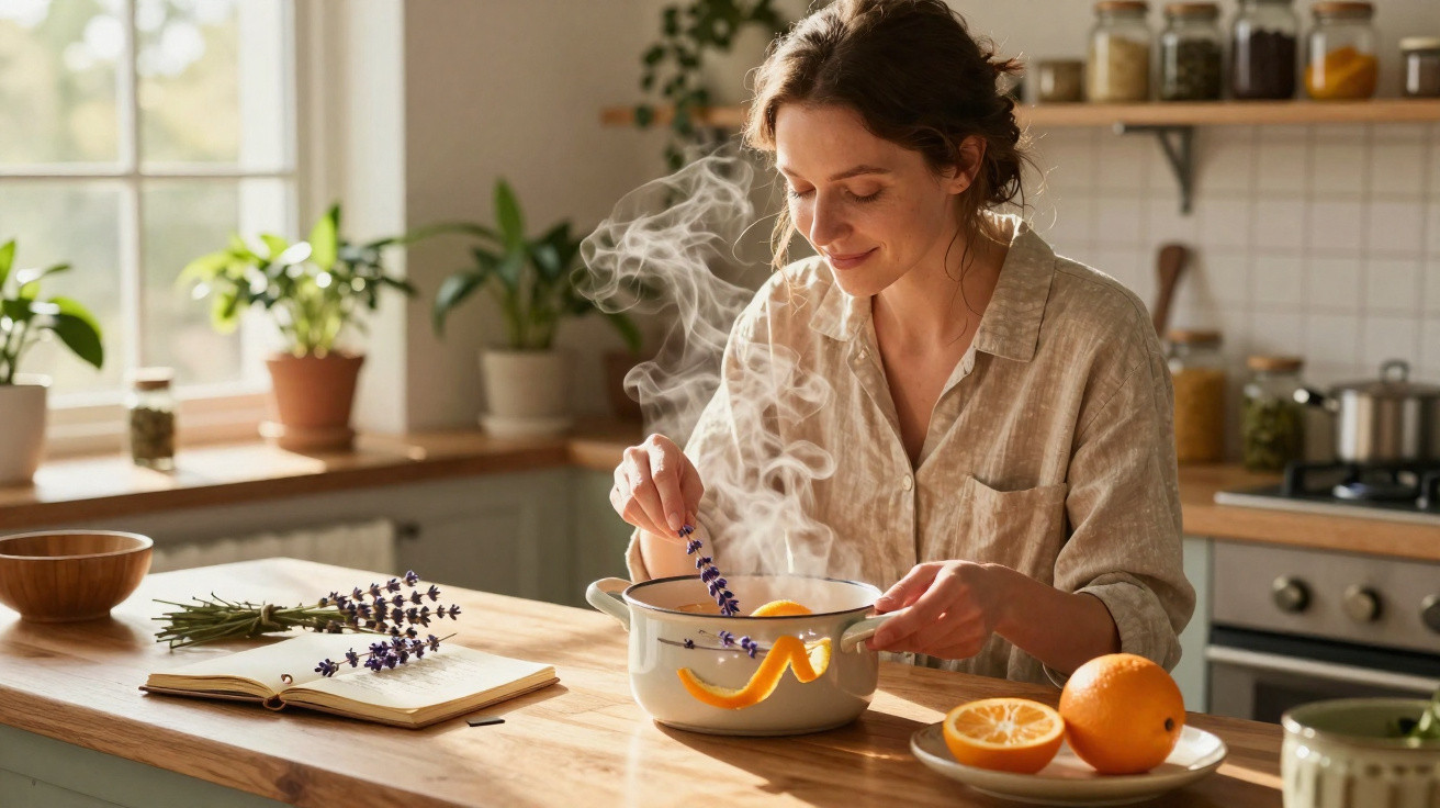 Mulher a cozinhar com ervas e laranja numa panela numa cozinha iluminada e acolhedora.