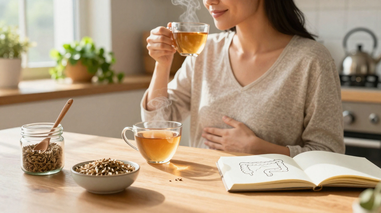 Mulher a beber chá quente numa cozinha, com sementes e caderno aberto para saúde digestiva na mesa.