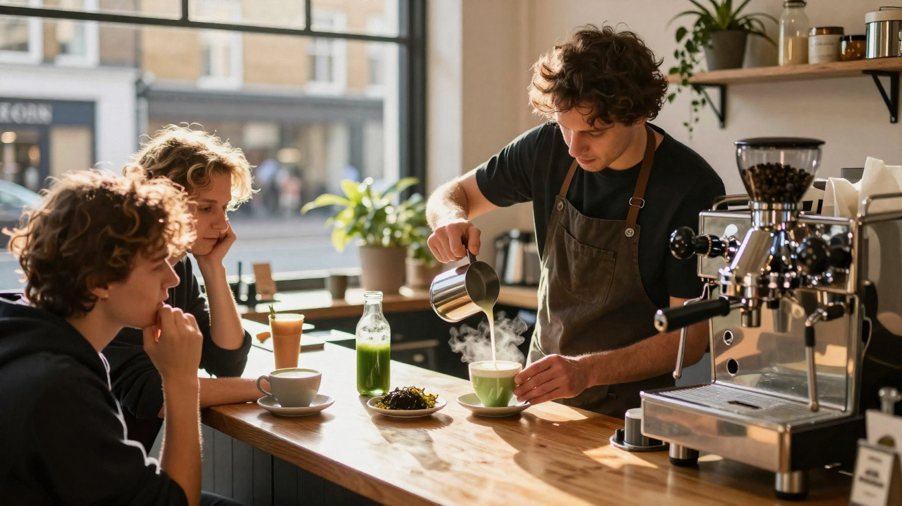 Barista a servir bebida quente a dois clientes jovens sentados numa mesa de café iluminada pelo sol.