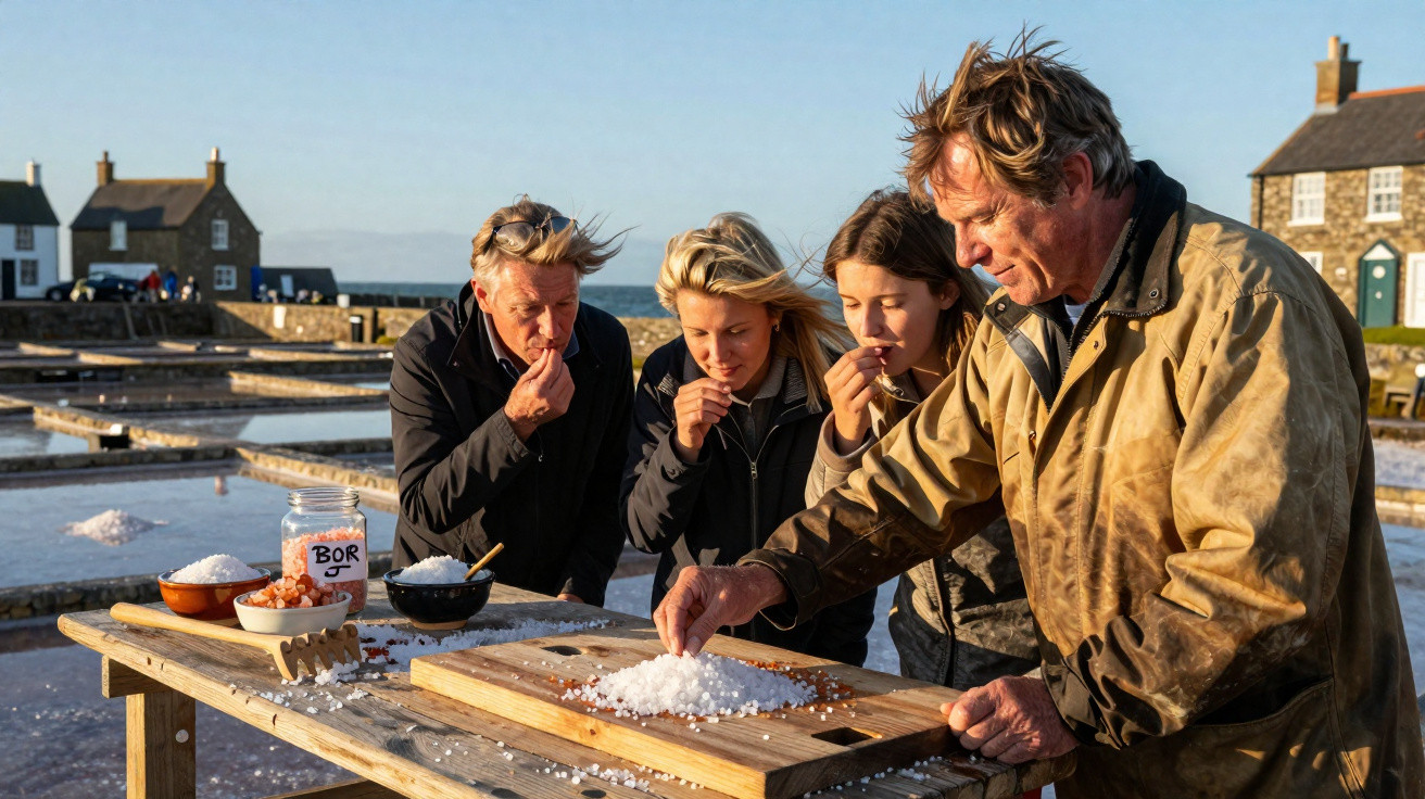 Quatro pessoas provam sal artesanal numa mesa ao ar livre junto a salinas e casas tradicionais.