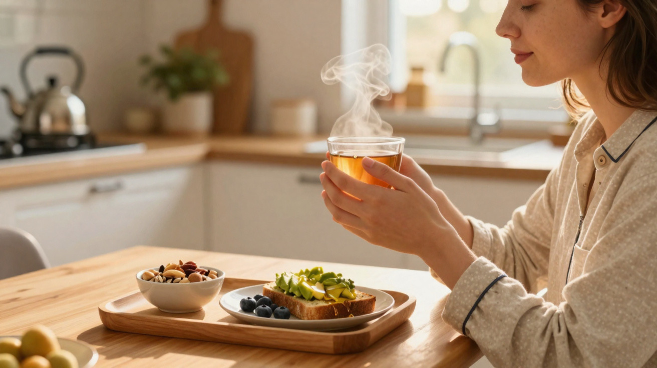 Pessoa a saborear uma chávena de chá quente com tosta e snacks sobre mesa de cozinha iluminada pela luz natural.