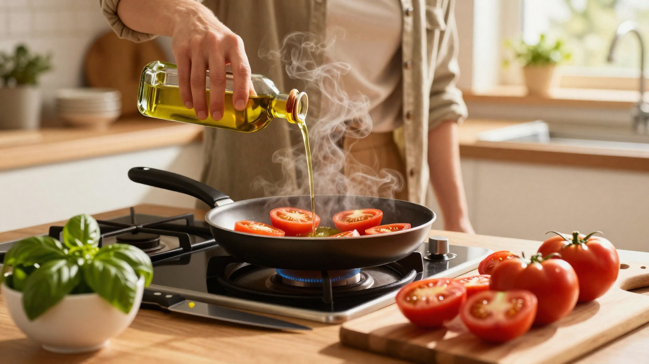 Pessoa a deitar azeite numa frigideira com tomates a cozinhar no fogão a gás numa cozinha moderna.