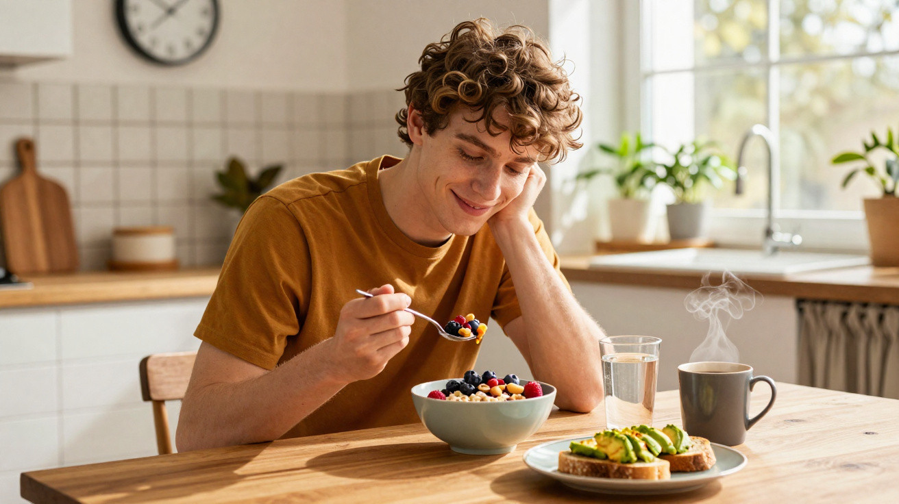 Jovem sentado à mesa a saborear uma tigela de cereais com frutas num ambiente de cozinha acolhedor.