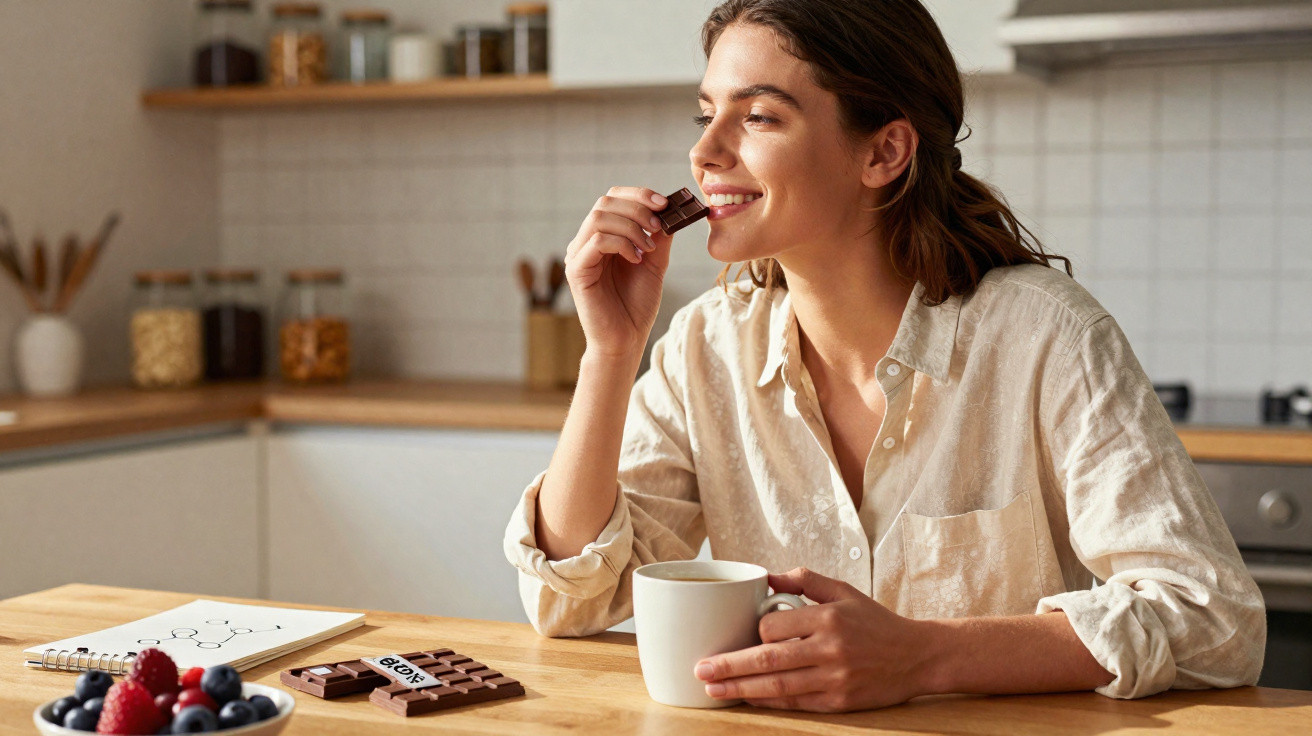 Mulher sorridente a comer chocolate e a beber uma bebida quente numa cozinha moderna, com fruta e livro na mesa.