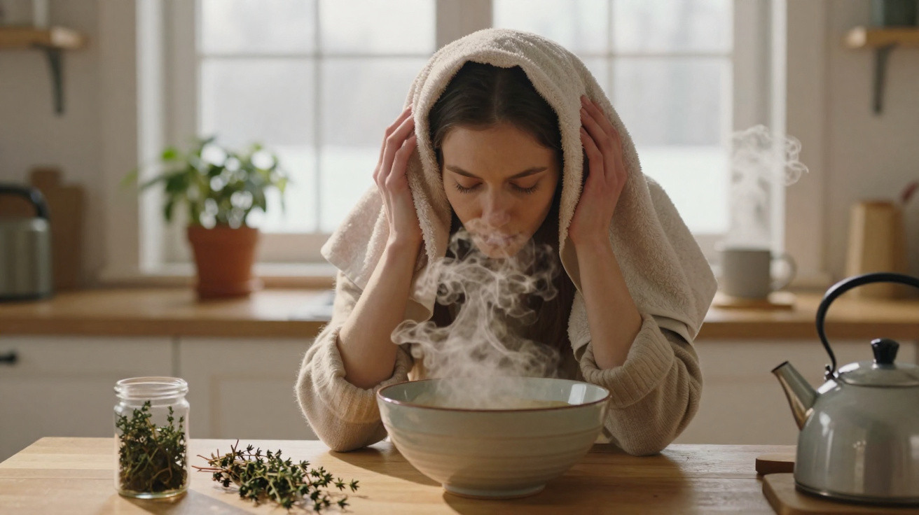 Mulher com toalha na cabeça inala vapor de tigela de chá quente numa cozinha iluminada.