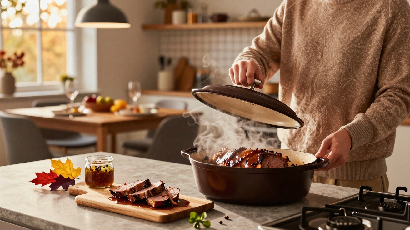 Pessoa a levantar tampa de panela com carne quente a cozinhar numa cozinha acolhedora e luminosa.