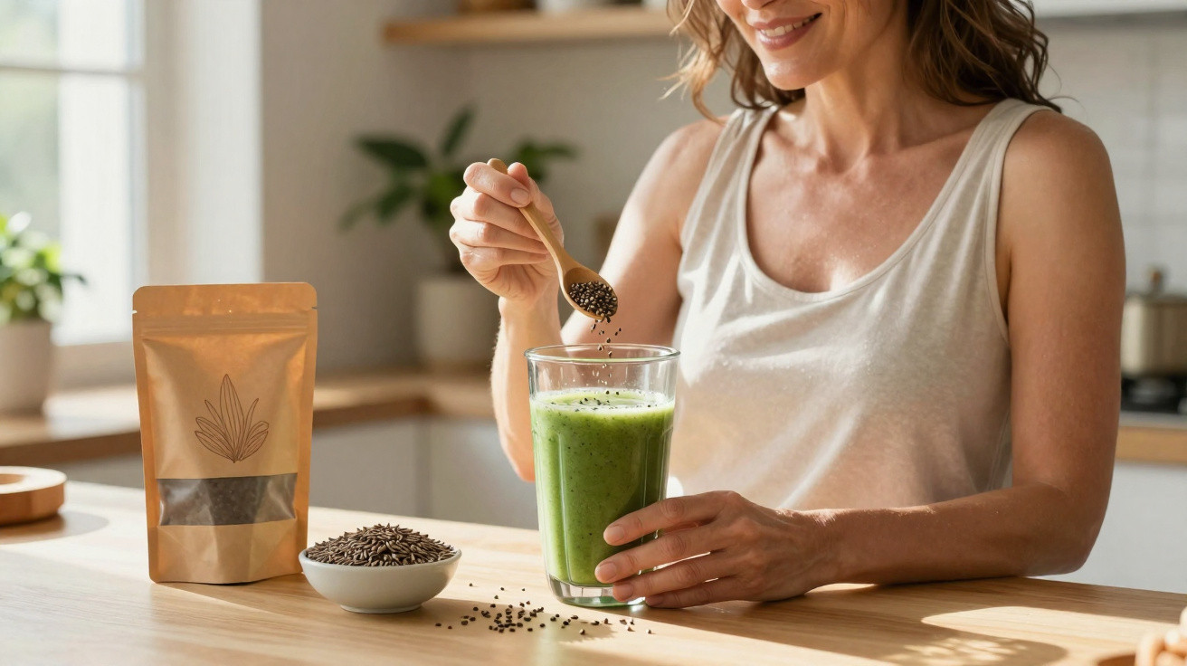 Mulher sorridente prepara batido verde saudável, adicionando sementes, ao lado de embalagem e taça com sementes.
