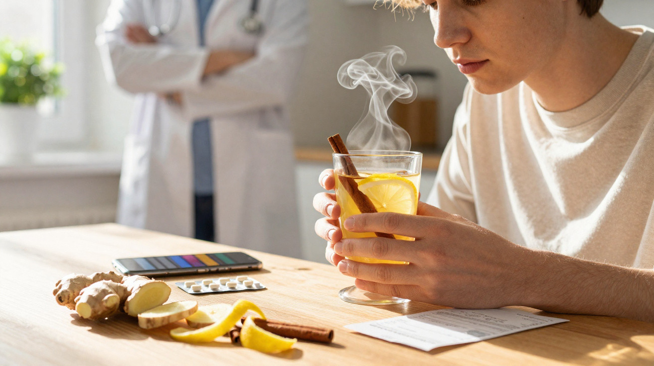 Pessoa a beber chá quente com limão e canela, com gengibre, medicamentos e médica ao fundo.