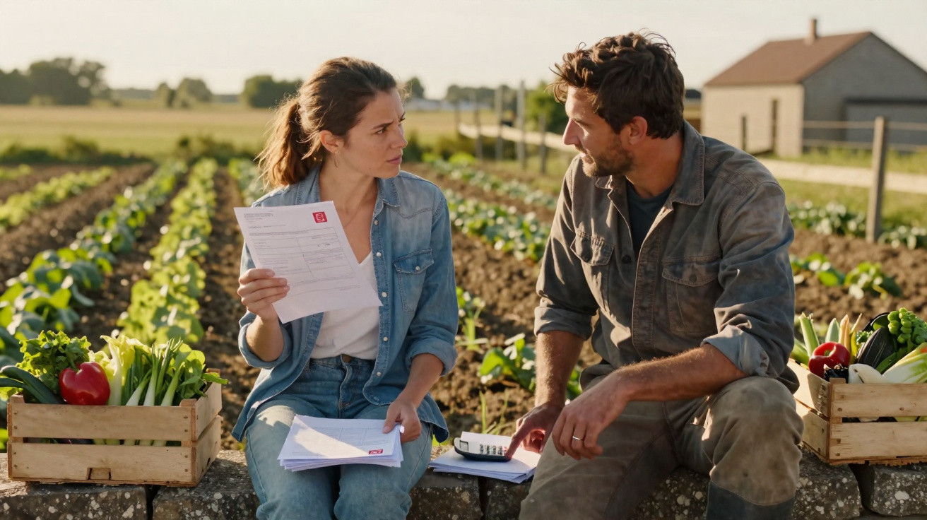 Homem e mulher em roupa casual analisam documentos sentados junto a caixas de legumes numa quinta.