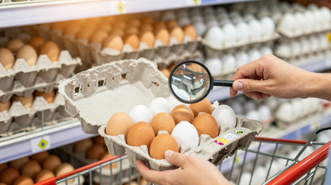 Pessoa segura caixa de ovos brancos e castanhos e inspeciona com lupa num supermercado.