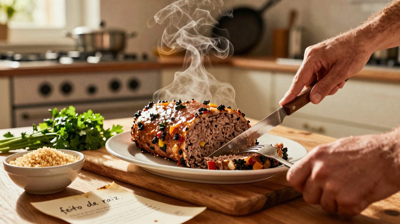 Mãos a cortar um prato fumegante de carne vegetal, decorado com legumes, numa cozinha iluminada.