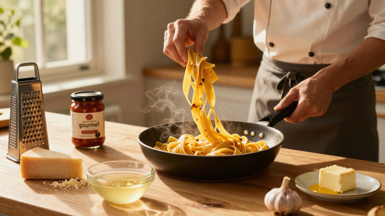 Chef a cozinhar massa numa frigideira com queijo, manteiga, alho e molho tomate na bancada.
