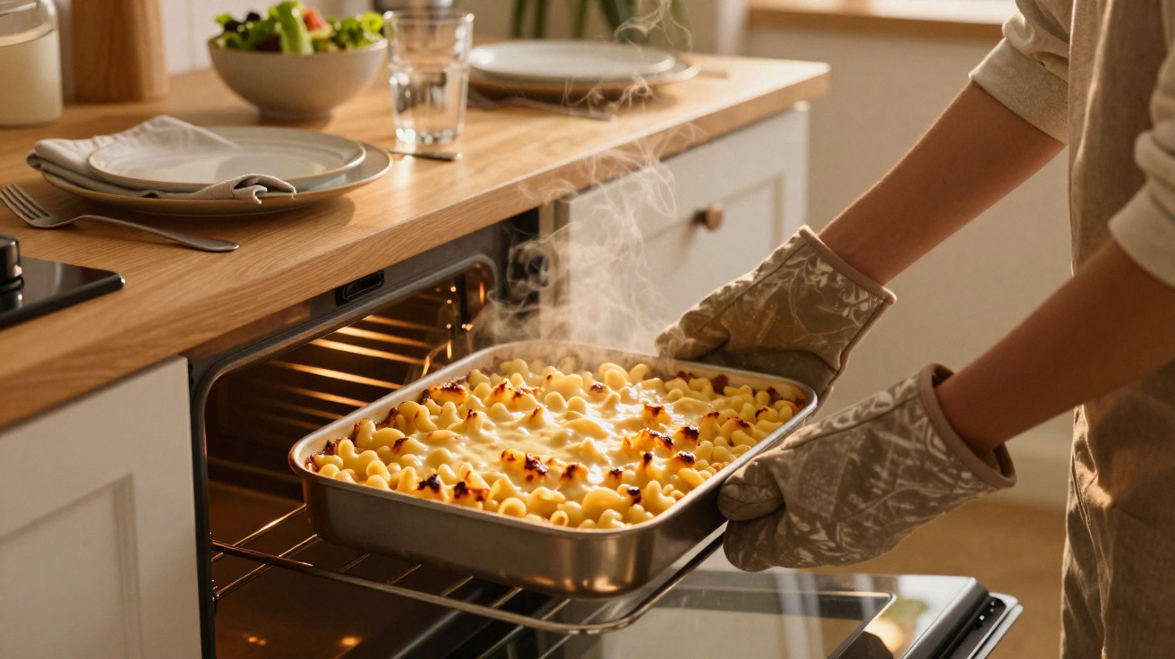Pessoa a retirar caçarola de massa gratinada quente do forno numa cozinha luminosa.