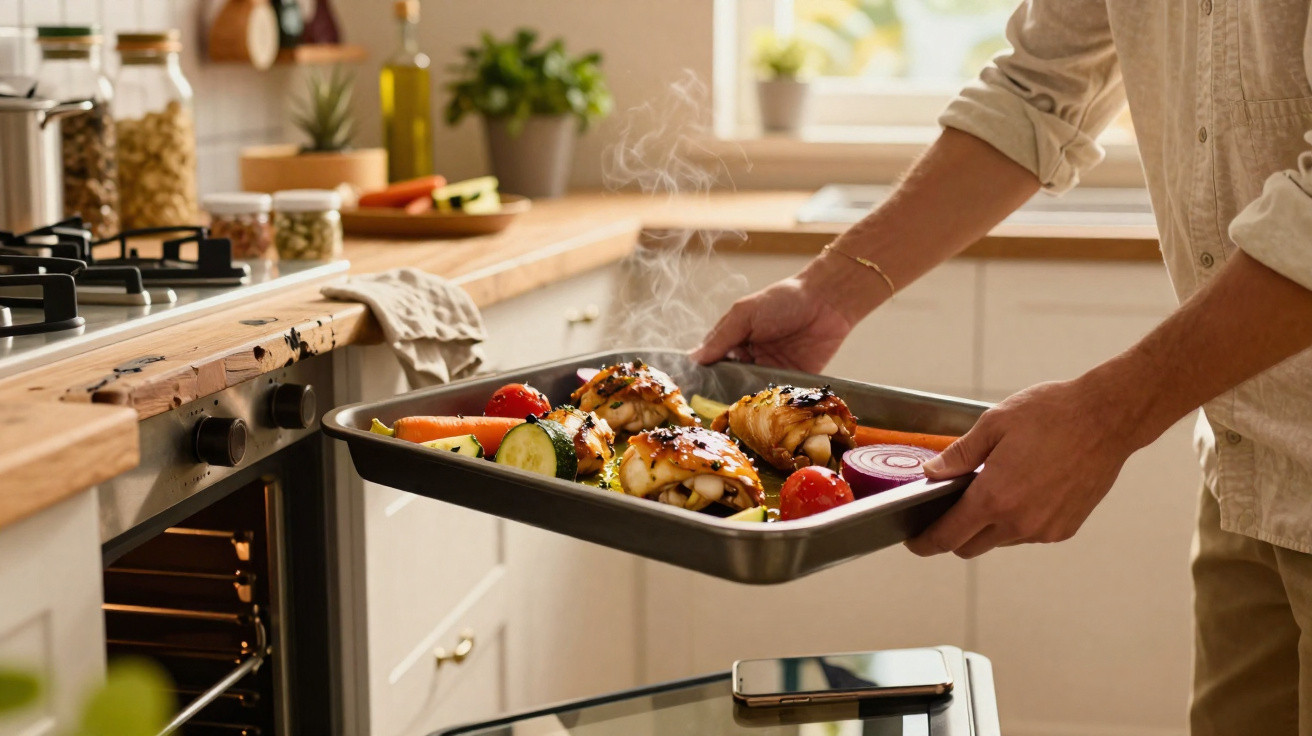 Pessoa a retirar tabuleiro com frango e legumes do forno numa cozinha iluminada e acolhedora.