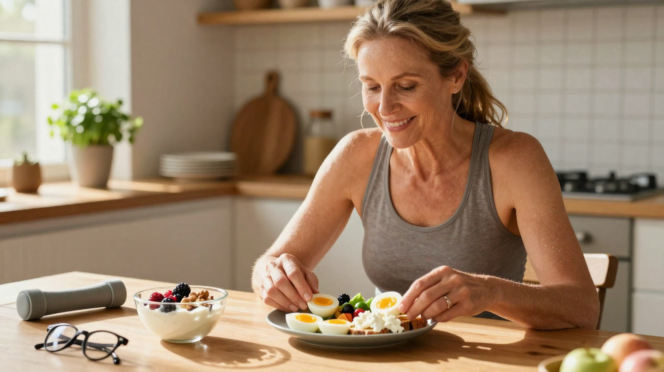 Mulher sorridente a preparar uma refeição saudável com ovos, queijo e iogurte com frutas na cozinha.