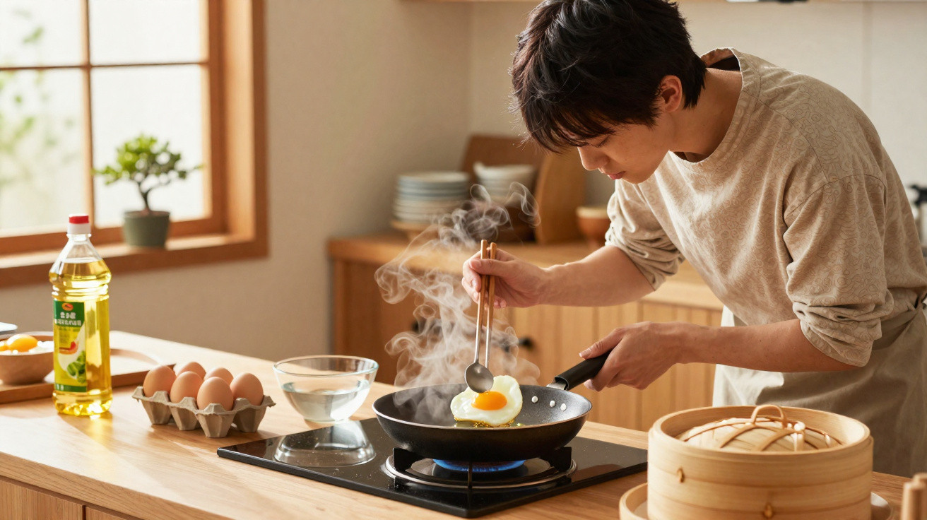 Homem cozinha ovo estrelado numa frigideira num fogão de indução numa cozinha bem iluminada.