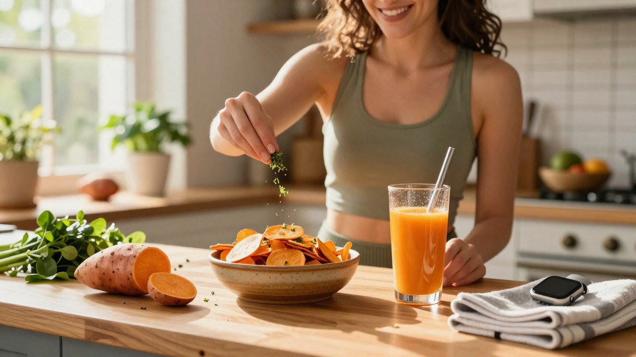 Mulher tempera salada de batata-doce na cozinha com copo de sumo de laranja ao lado.