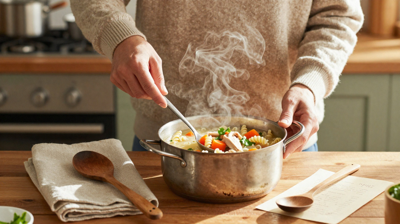 Pessoa a servir sopa quente de massa com legumes e ervas numa tigela branca numa cozinha doméstica.