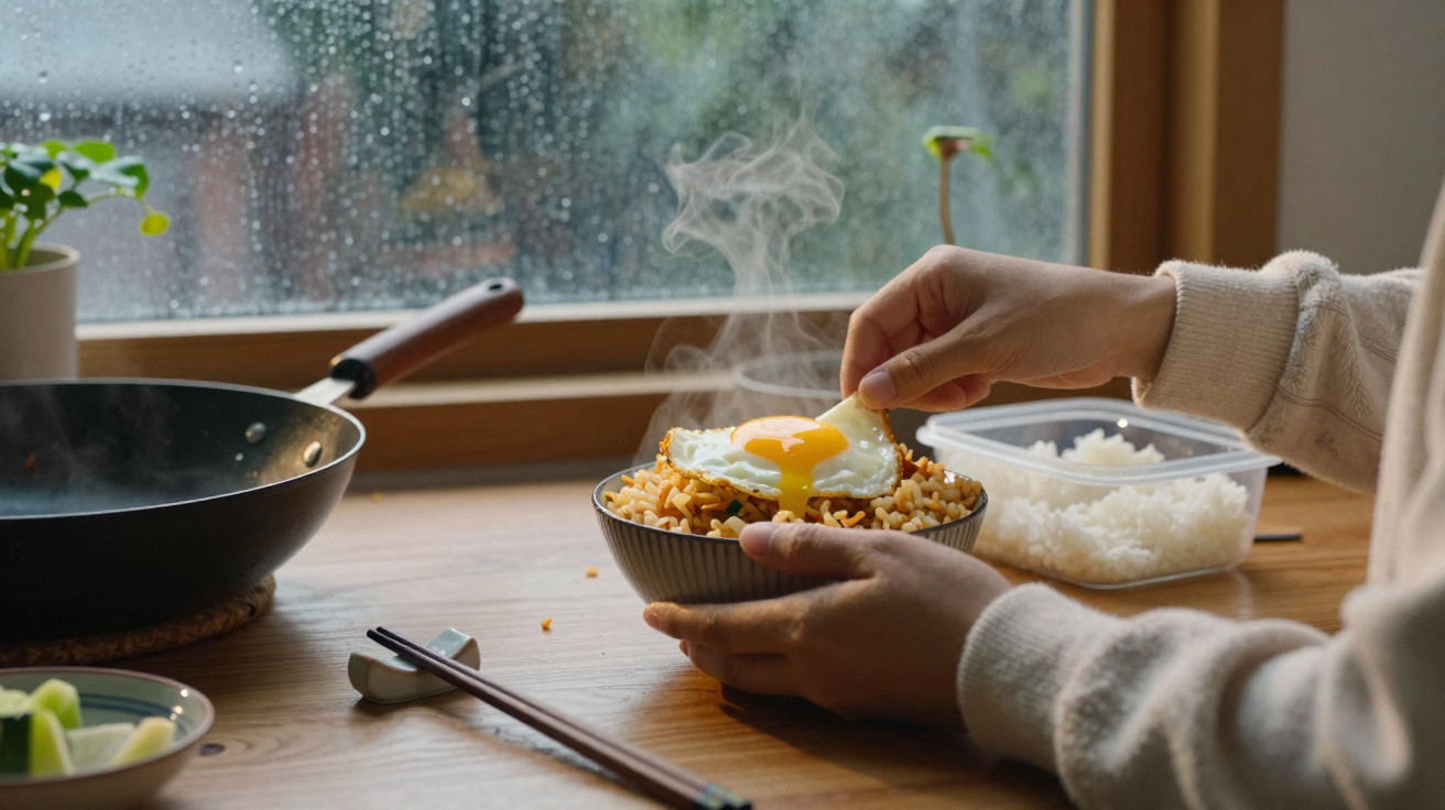 Pessoa a comer arroz com ovo estrelado junto a uma janela com gotas de chuva.