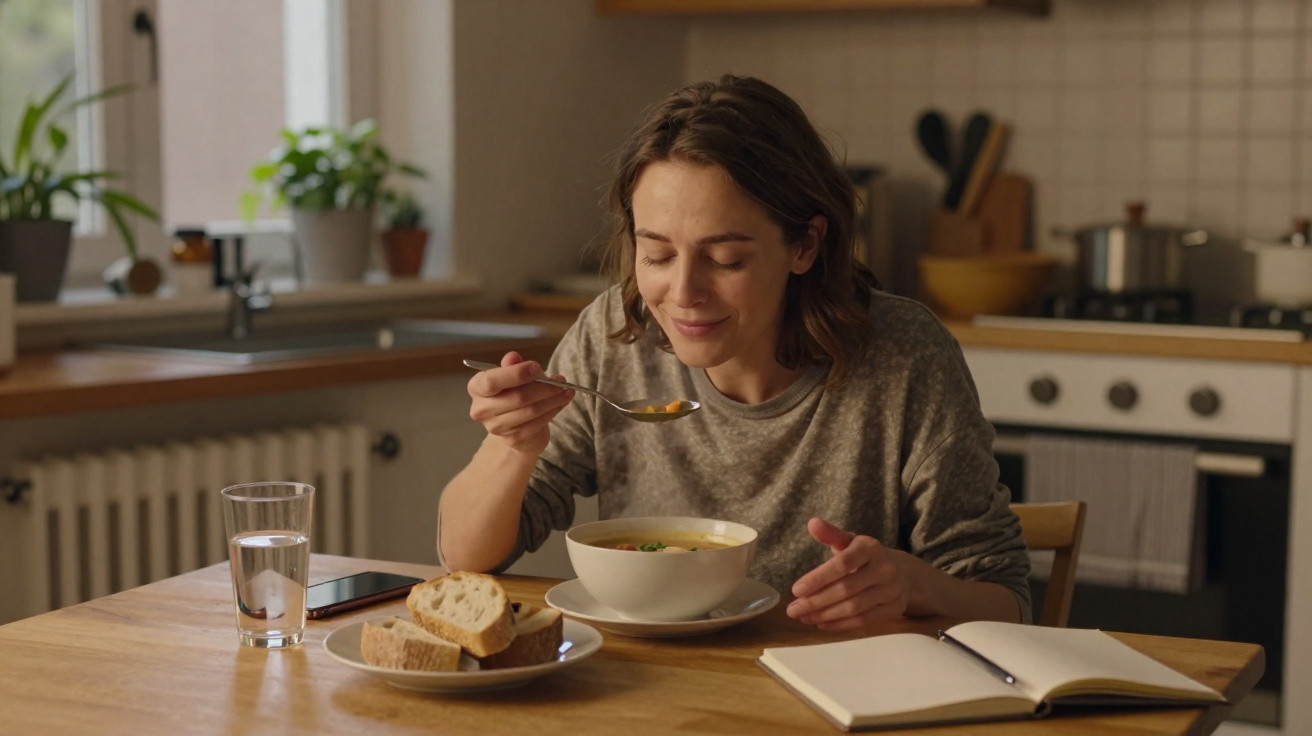 Mulher sentada à mesa a saborear uma tigela de sopa com pão, água e um caderno aberto à frente.