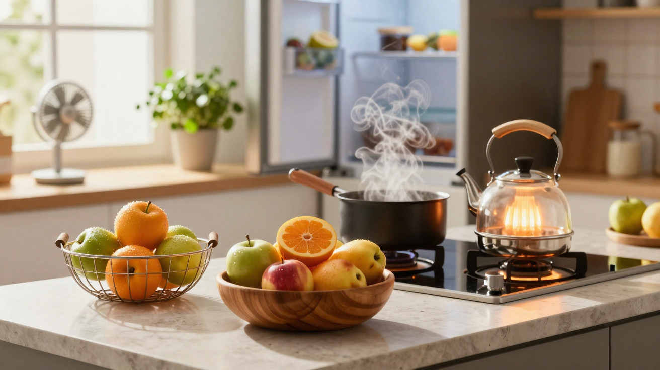 Bule de chá a ferver no fogão e duas tigelas com maçãs e frutas numa bancada de cozinha iluminada.