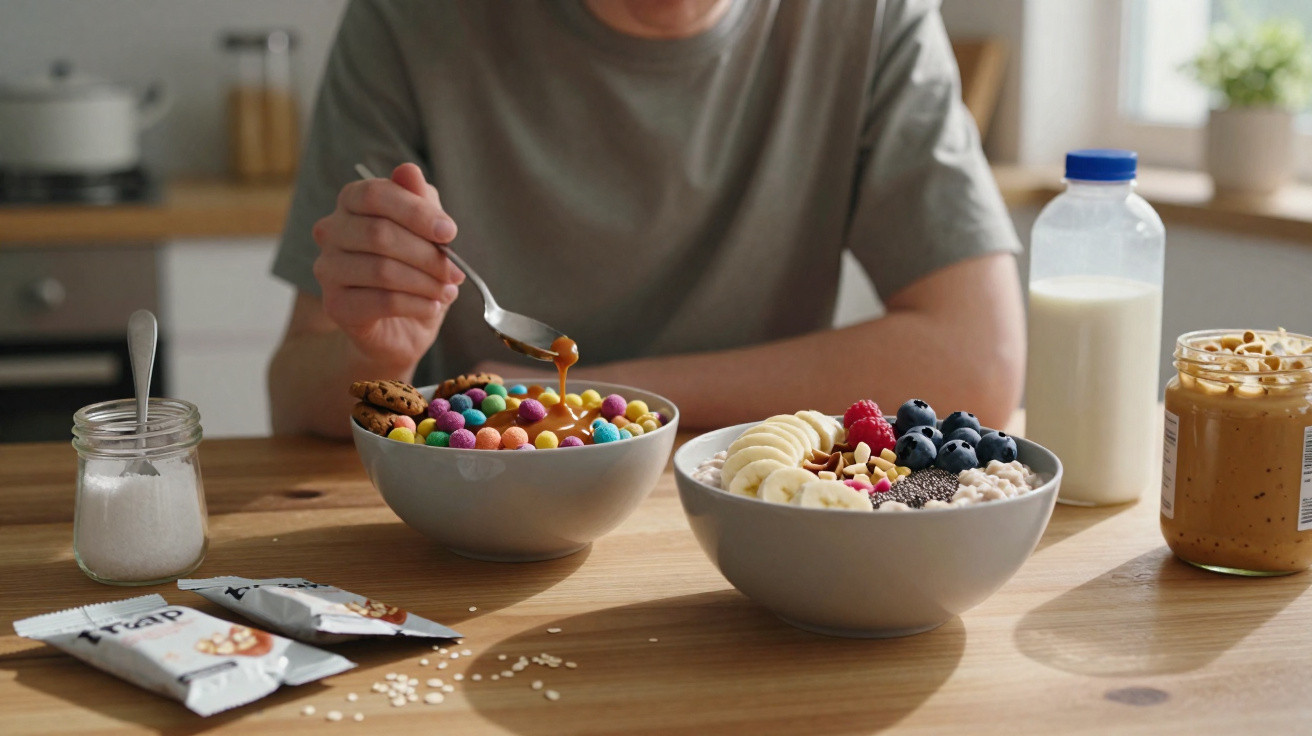 Pessoa a comer pequeno-almoço com cereais coloridos, frutos secos e fruta fresca numa cozinha iluminada.