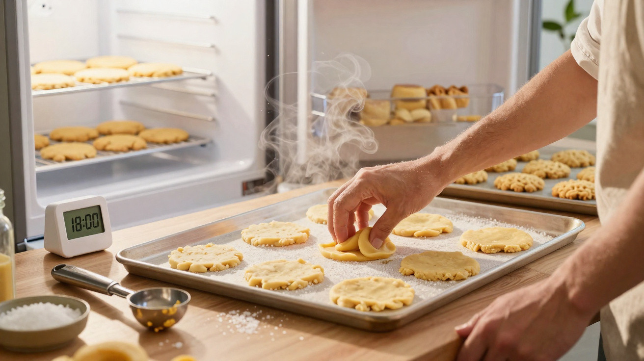 Mãos a colocar bolachas recém-assadas numa tabuleiro com vapor saindo, numa cozinha iluminada.