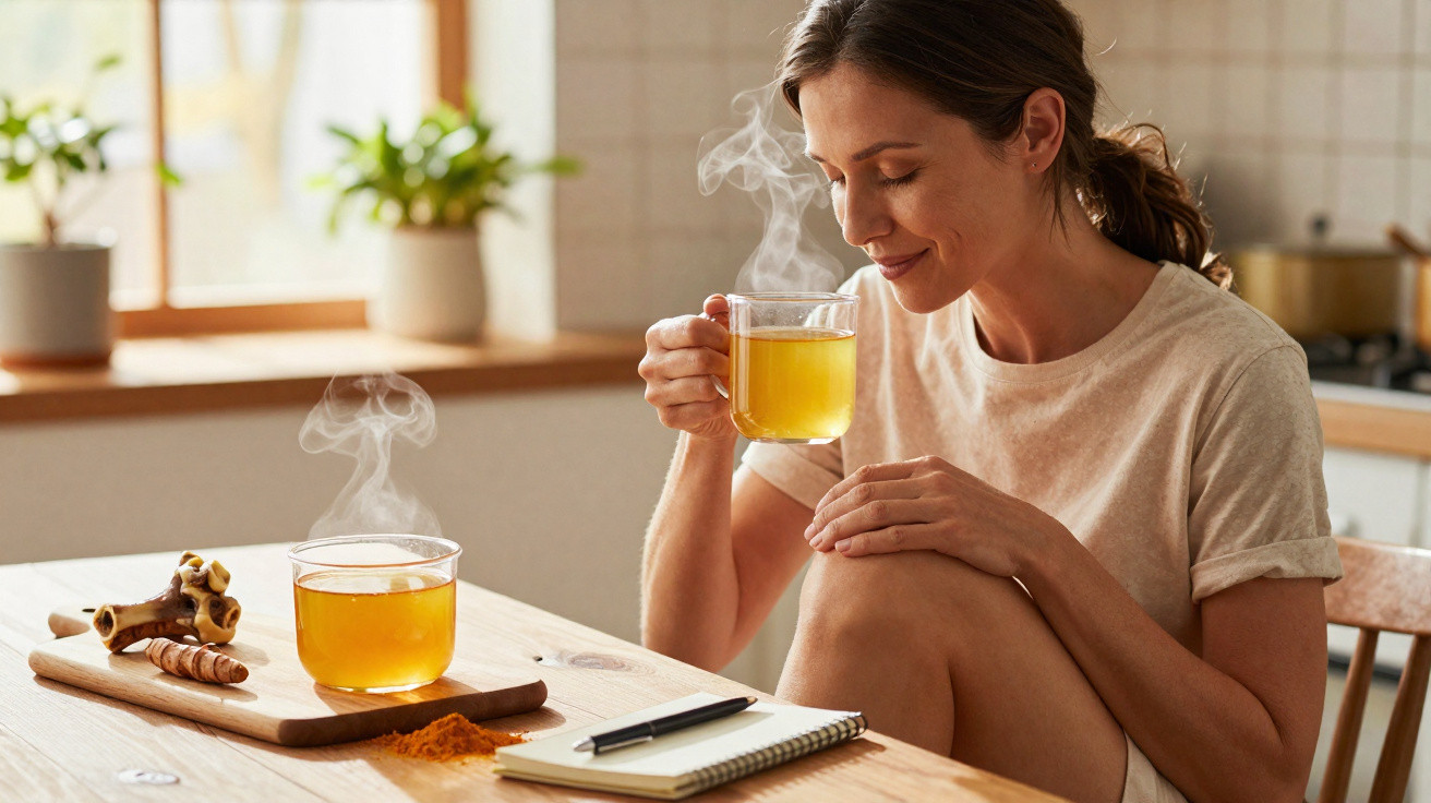 Mulher a desfrutar de chá quente, sentada numa cozinha luminosa com caderno e caneta na mesa.