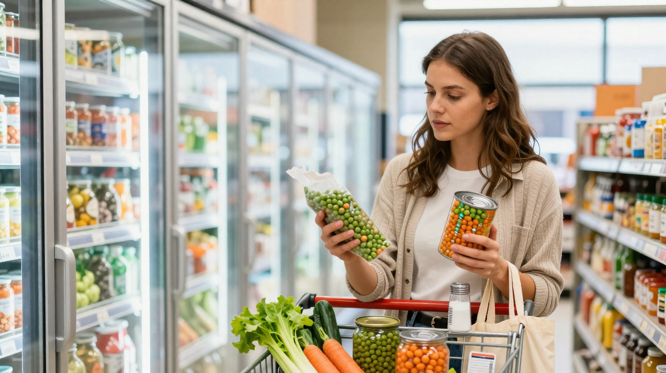 Mulher a comparar legumes enlatados e frescos num supermercado com carrinho de compras.