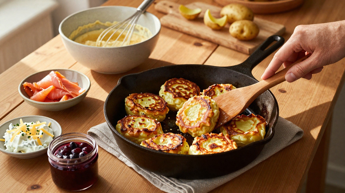 Mãos a virar rodelas de batata douradas numa frigideira, com ingredientes ao lado numa mesa de madeira.