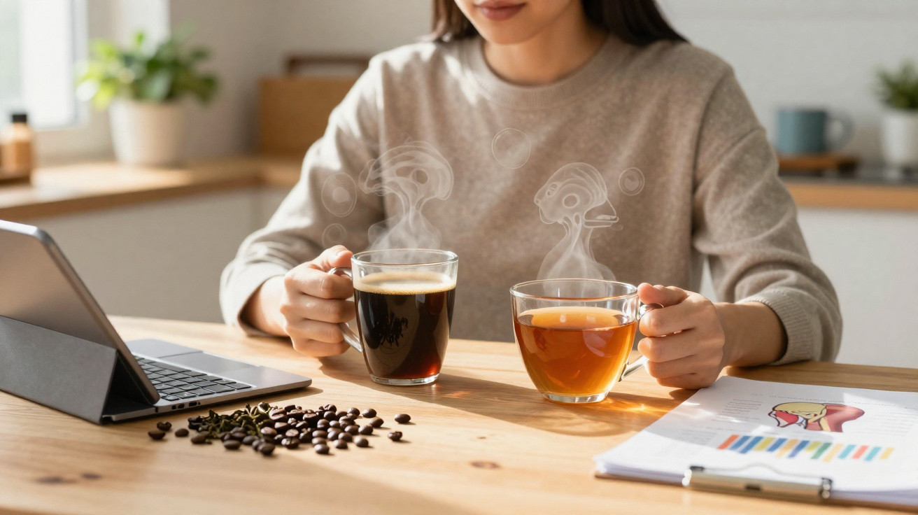 Pessoa com camisola bege a segurar chávena de café e chá junto a laptop e grãos de café numa mesa de madeira.