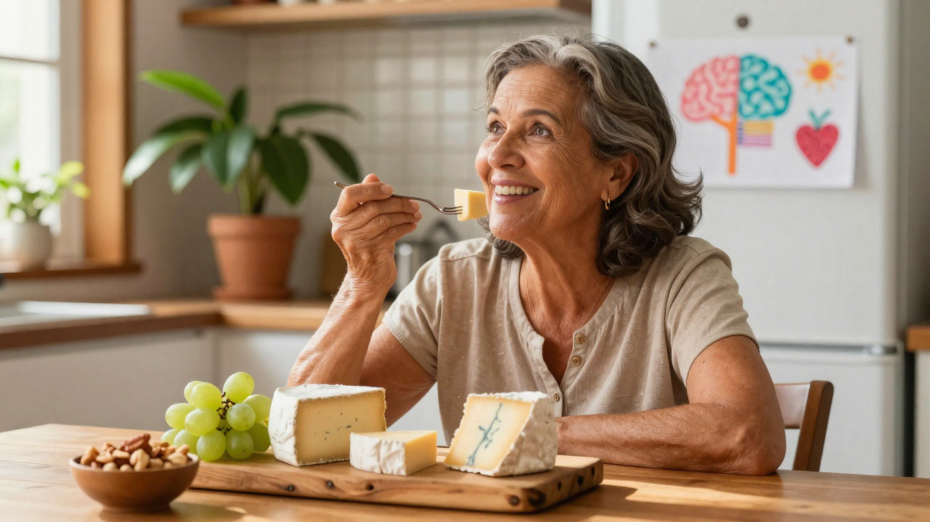 Mulher idosa a sorrir enquanto come queijo sentada à mesa com frutas e frutos secos numa cozinha iluminada.