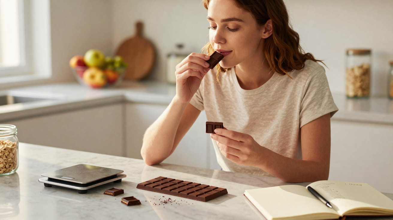 Mulher a comer chocolate numa cozinha moderna com bloco de notas e balança digital na bancada.