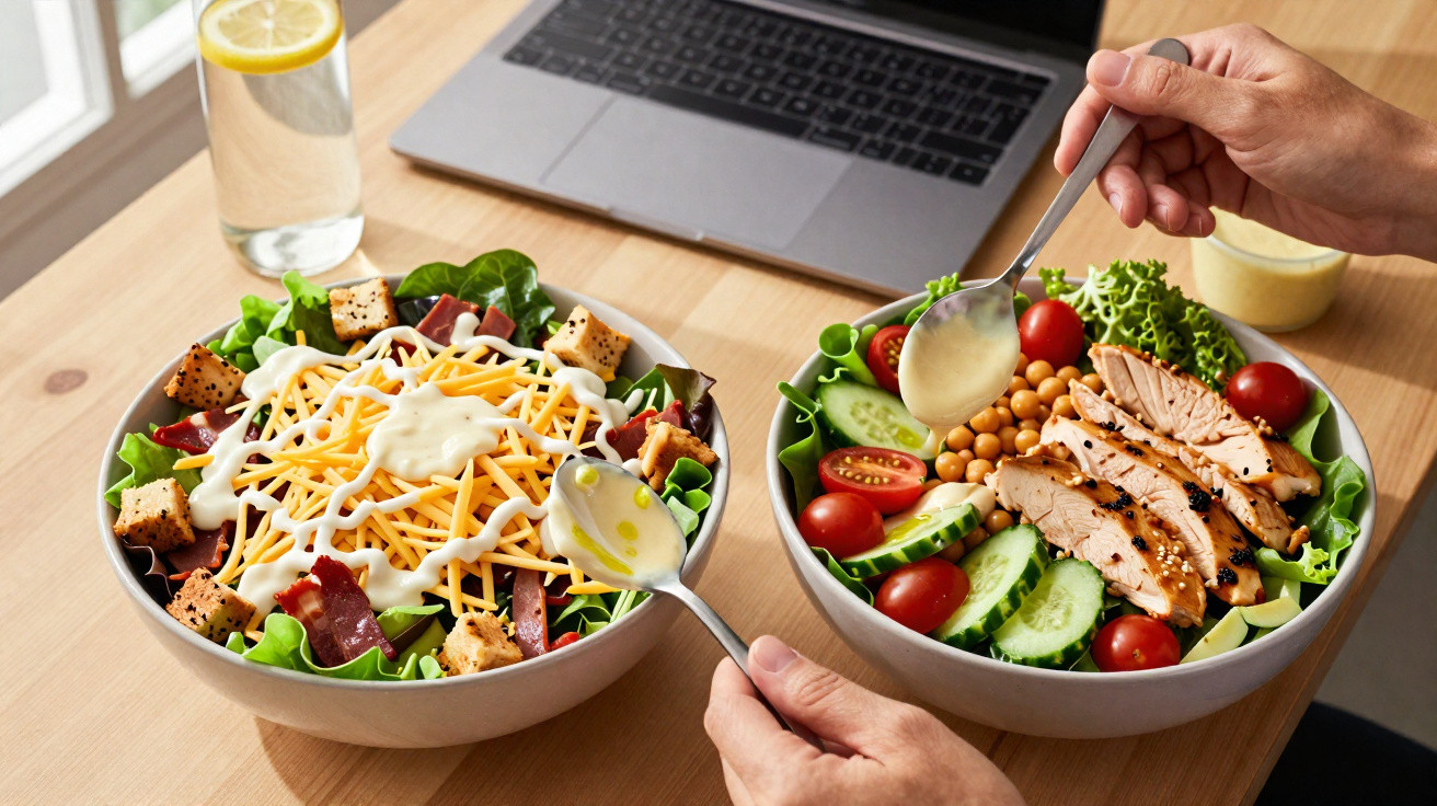 Duas tigelas de salada colorida com verduras, legumes, queijo, frango grelhado e molho, num ambiente de escritório.