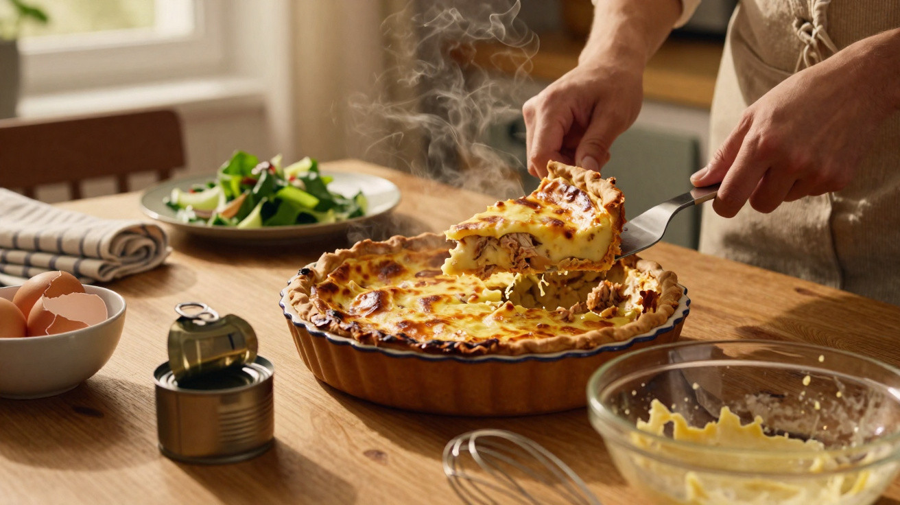 Pessoa a servir uma fatia de quiche quente numa cozinha com salada e ingredientes na mesa.