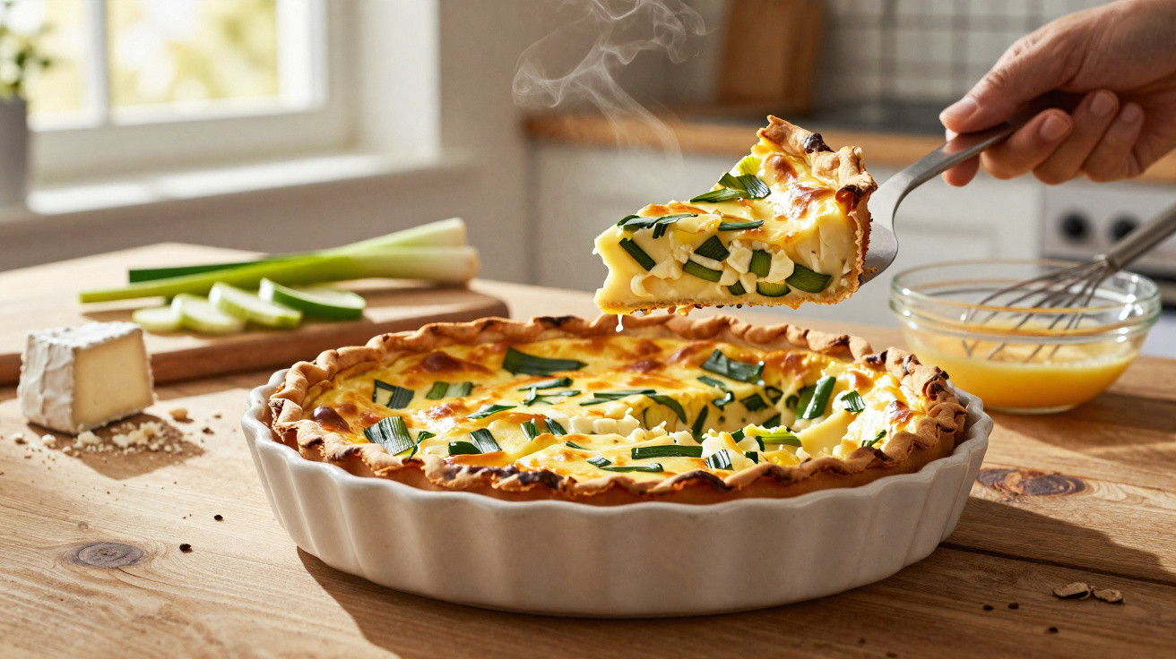 Fatia de quiche de queijo e cebolinha a ser servida numa cozinha luminosa.