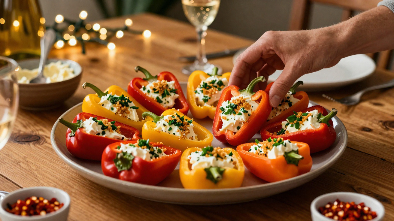 Pimentos vermelhos e amarelos recheados com queijo creme e ervas numa travessa, com mão a pegar um.
