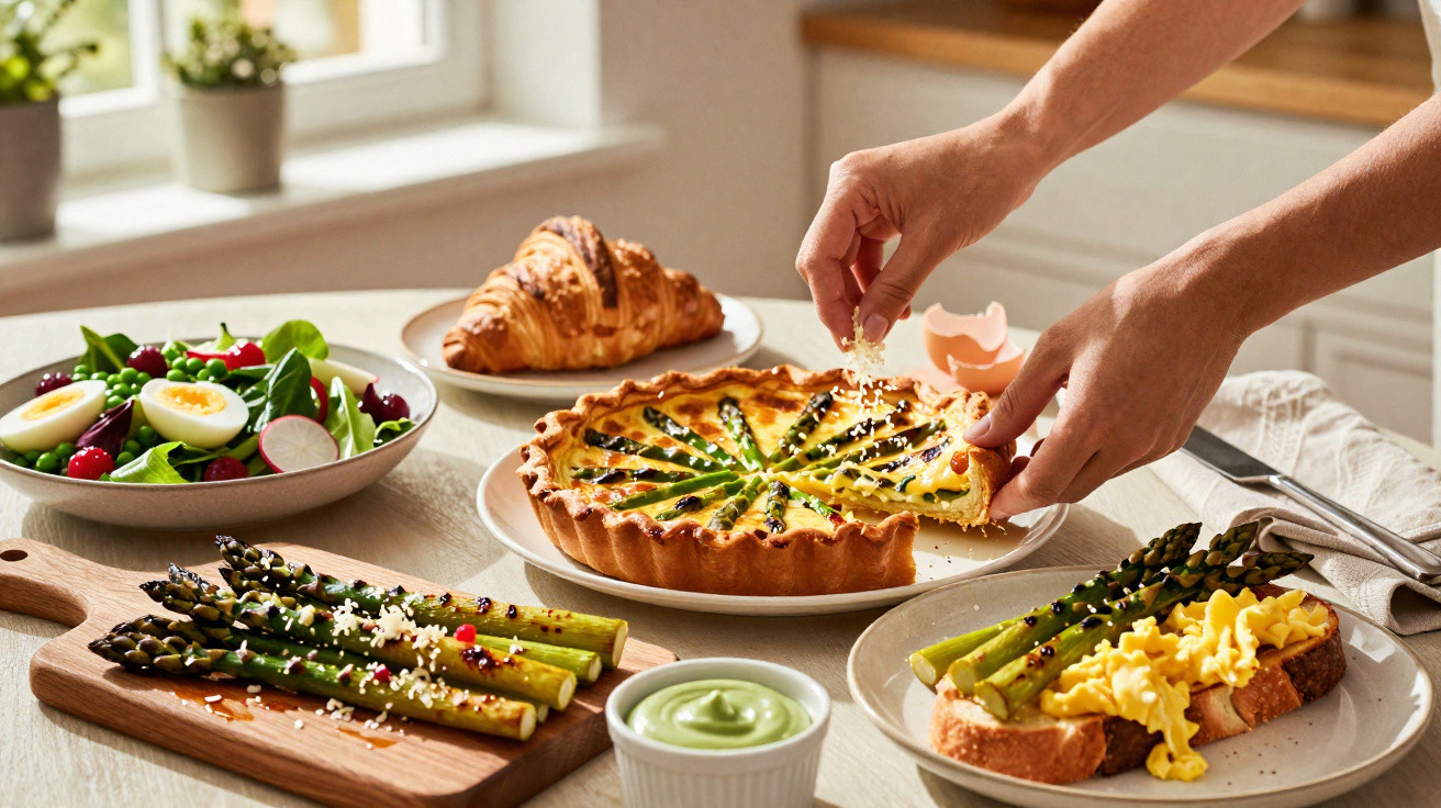 Pessoa a pegar fatia de tarte de espargos, com salada, croissant e torrada com espargos e ovos mexidos.