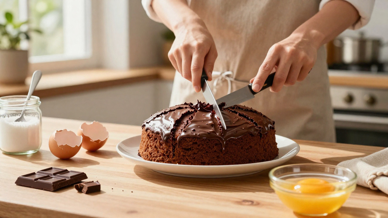 Pessoa a cortar bolo de chocolate coberto com ganache numa cozinha iluminada.