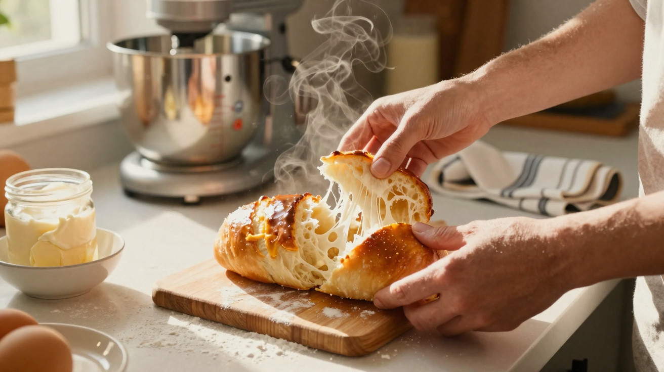 Pão caseiro quente a ser partido ao meio, com queijo derretido e vapor a sair, numa cozinha luminosa.