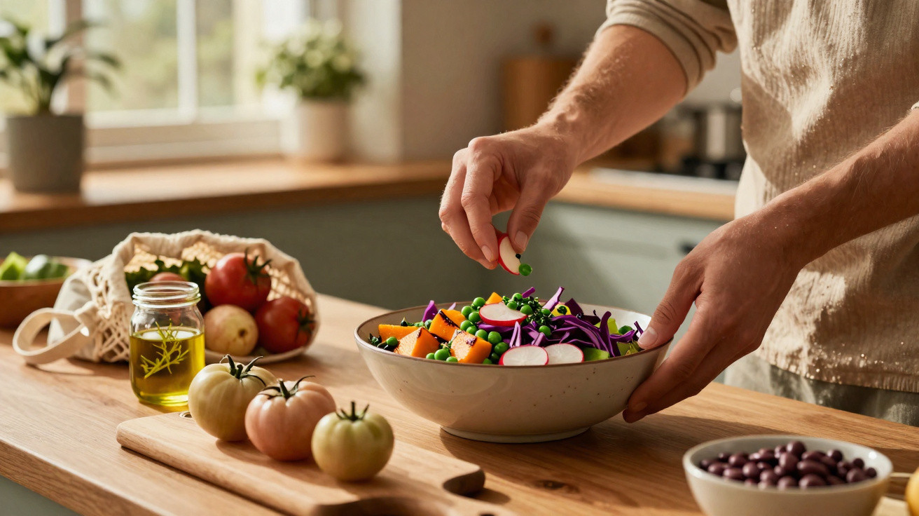 Pessoa a preparar salada saudável com legumes frescos numa cozinha iluminada.