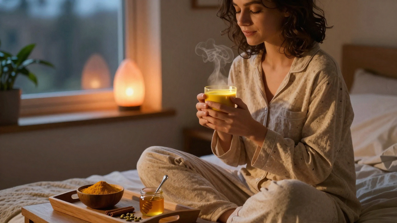 Mulher sentada na cama a segurar chá quente num ambiente acolhedor e relaxante.