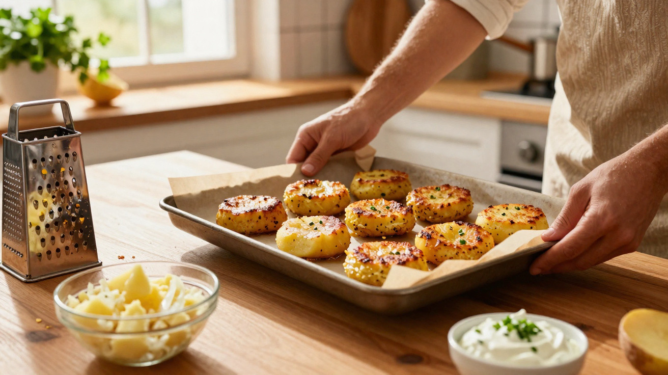 Pessoa a retirar do forno tabuleiro com batatas assadas, queijo ralado e molho numa cozinha iluminada.